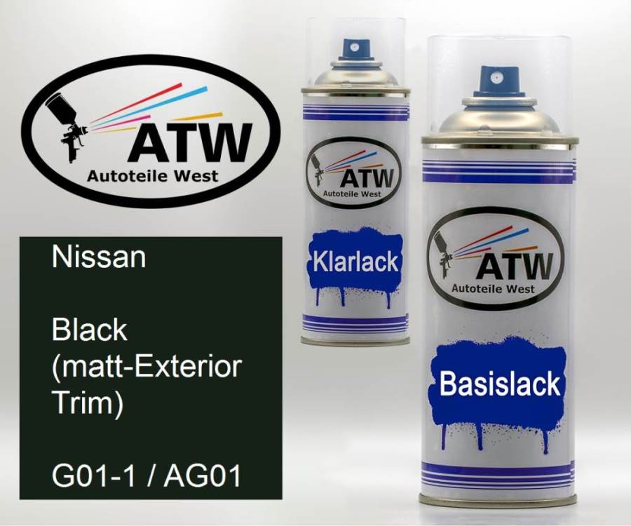 Nissan, Black (matt-Exterior Trim), G01-1 / AG01: 400ml Sprühdose + 400ml Klarlack - Set, von ATW Autoteile West.
